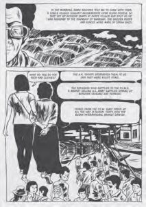 comic book page explaining how soldiers came to a village, from the perspective of an old woman