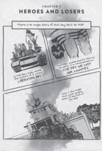 a page from a coming showing the title heroes and losers with images of an US military tank and people bowing