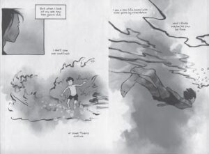 two page spread of a boy swimming and thinking about freedom