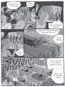 comic book page of people in a car going through a crowd full of protesters and military people