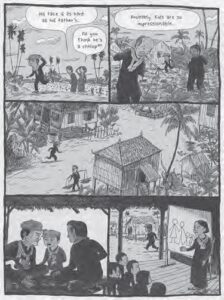 comic book page of a kid running around a village being criticized by older villagers