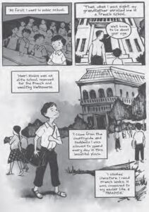 comic book page of panels of a young boy going to school