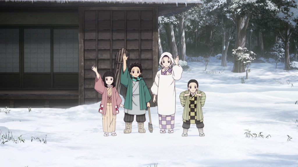 Tanjiro’s family wave goodbye outside their mountain home.