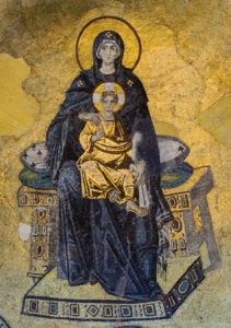 The Virgin and Child (Theotokos) mosaic, in the apse of Hagia Sophia.