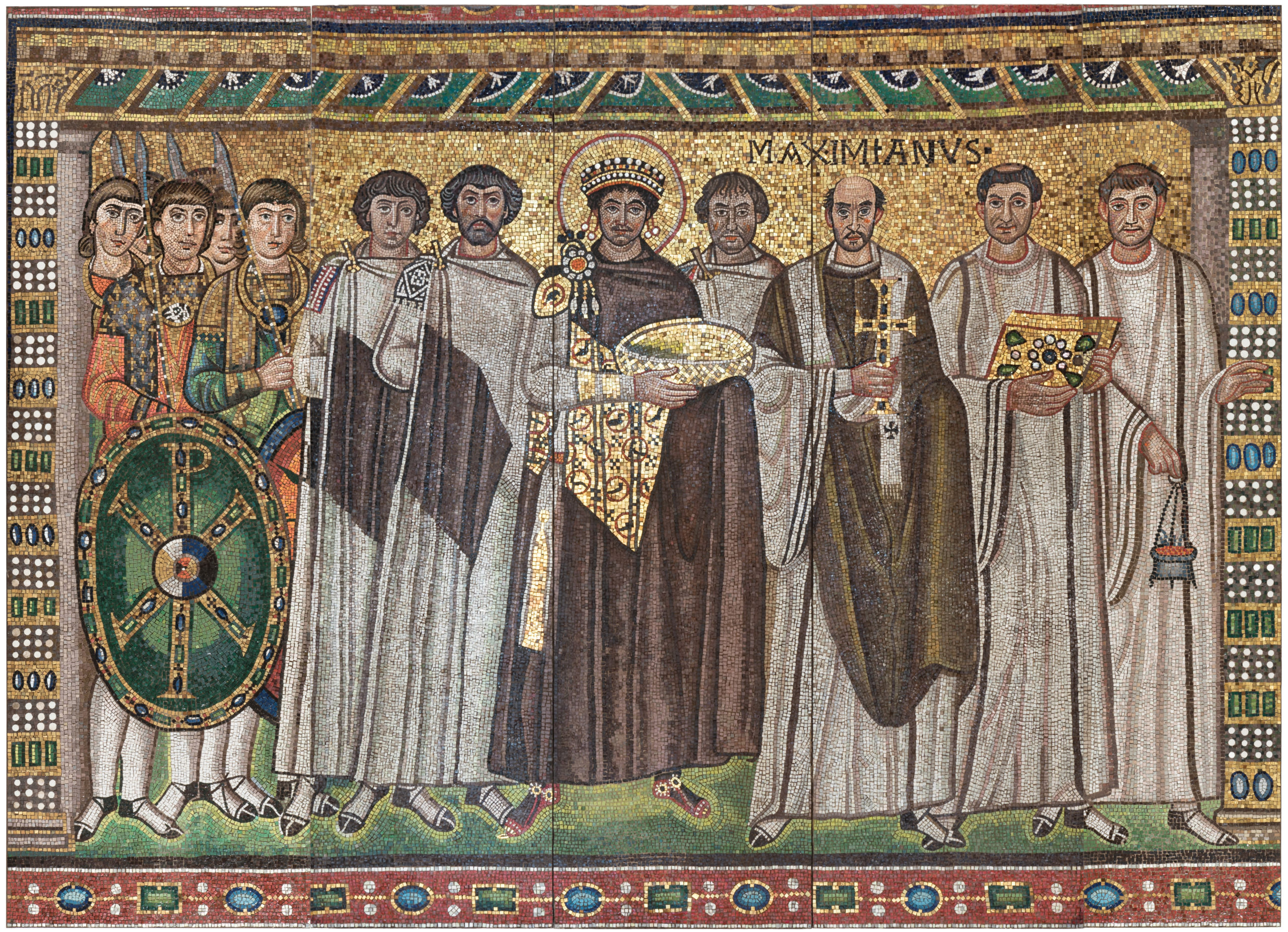 Mosaic of Emperor Justinian, Bishop Maximianus, and attendants.