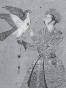 illustration of a man wearing robes holding a hawk