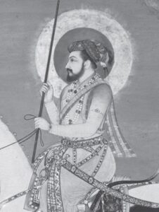 illustration of a man in elegant robes riding a horse, with a halo around his head