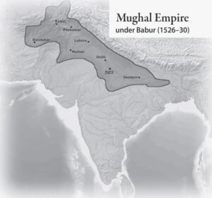 map of the mughal empire under babur, which looks like a thin gash in land that is considered india and pakistan