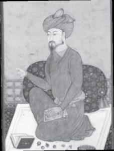 illustration of a man in robes, kneeling and reading from a book