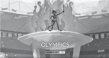 illustration of a monkey man holding a torch in front of a large bowl of fire with the caption "olympics"