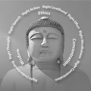 photo of a buddha with the words ethics, concentration, and wisdom surrounding him. in the outer circle surrounding him are the words right action, right livelihood, right effort, right mindfulness, right concentration, right understanding, right thought, right speech.