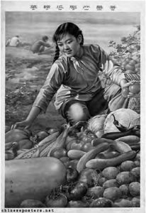 illustration of a woman grabbing food from a pile 