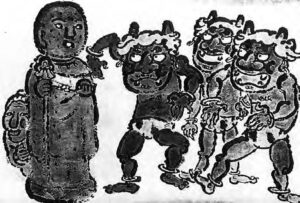illustration of three orge like figures and a smiling figure
