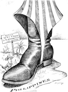 A political cartoon that shows Uncle Sam's boot stomping on the Philippines. 