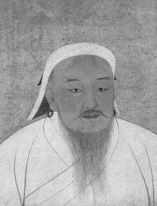  painting portraying Chinggis Khan as a middle-aged man with a long beard. He is depicted wearing a cap, and the painting adopts a minimalist style, evoking a sense of the nomadic lifestyle. The artwork captures the essence of Chinggis Khan's commanding presence and signifies his historical significance as a revered figure in Mongolian culture and history.