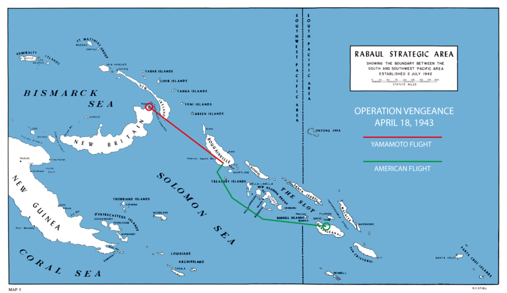 Map illustrating the approximate routes taken by the Japanese and Americans on the morning of April 18, 1943, during Operation Vengeance following the Pearl Harbor attack. 