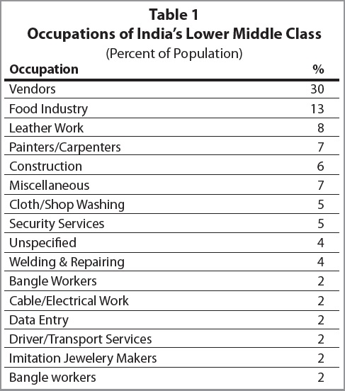 table showing the occupations of india's lower middle class