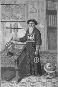 a man in robes stands with several items, including a globe, bird cage, and maps.